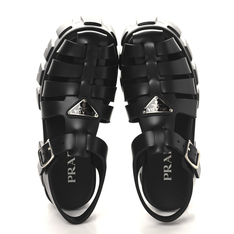  Prada Foam Rubber Triangle Logo Monolith 55mm Cage Sandals 36 Black
