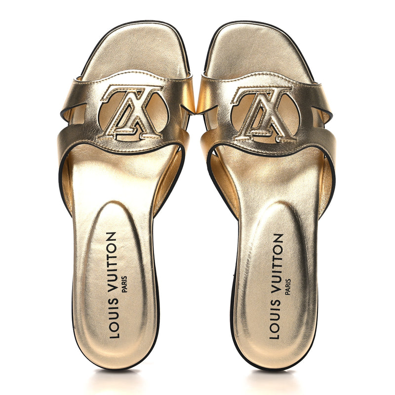  Louis Vuitton Metallic Calfskin LV Isola Flat Sandals Gold