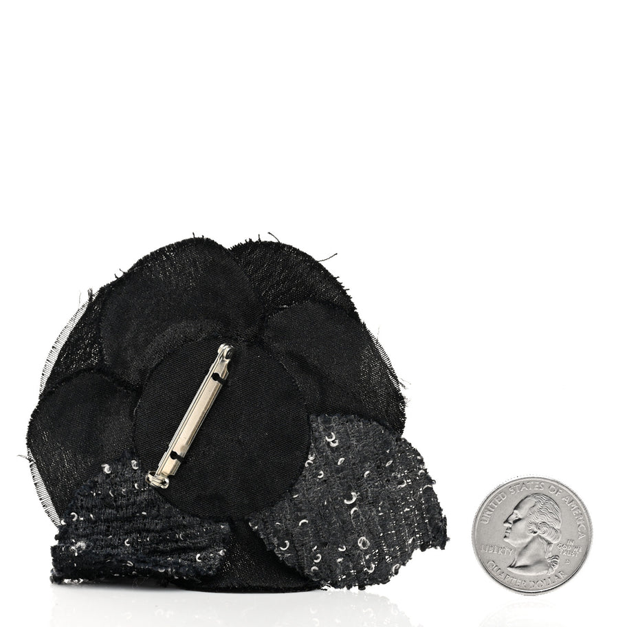 Chanel Tweed Fabric Camellia Pin Brooch Black Image 2