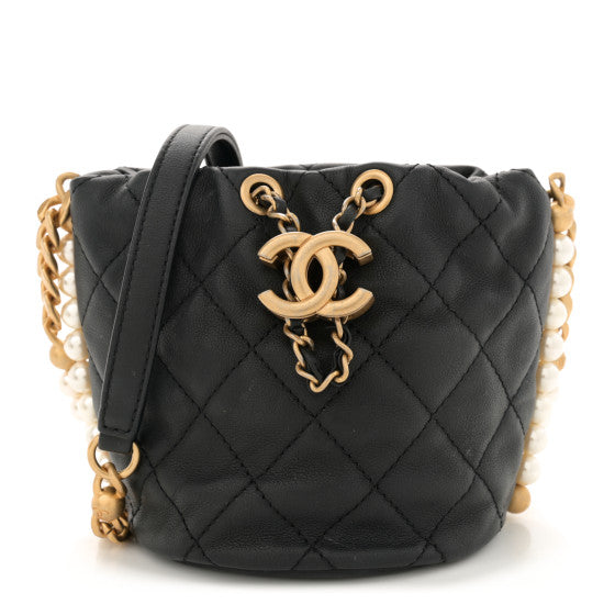  Chanel Calfskin Quilted Pearl Mini About Pearls Drawstring Bucket Bag Black
