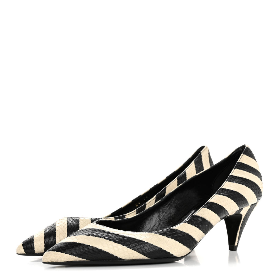 Saint Laurent Elaphe Snakeskin Striped Kiki Kitten Heel Pumps 38.5 Black Off White Image 4