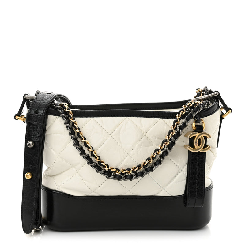  Chanel Aged Calfskin Quilted Small Gabrielle Hobo Black White