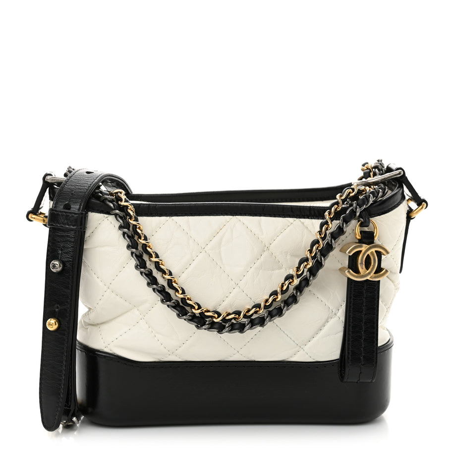 Chanel Aged Calfskin Quilted Small Gabrielle Hobo Black White Image 1