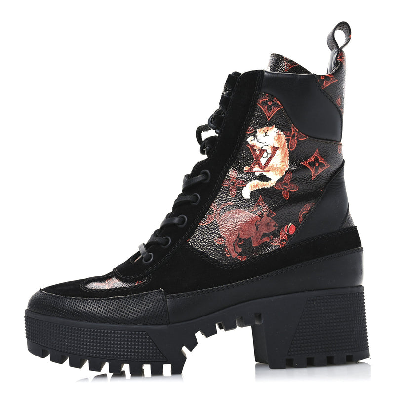  Louis Vuitton Suede Calfskin Catogram Laureate Platform Desert Boots Black Marron