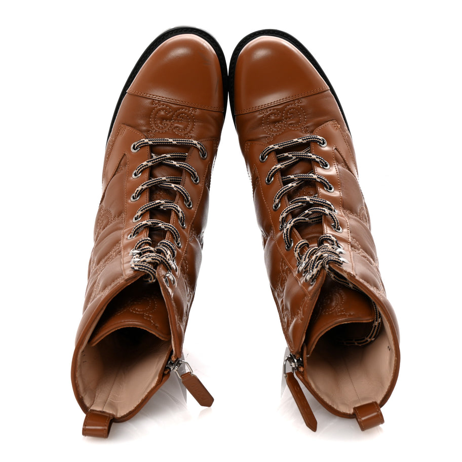 Gucci Cordovan Lux Nappa GG Matelasse Lace Up 60mm Combat Boots 37.5 Dark Hazel Brown Image 2