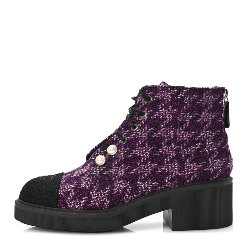  Chanel Tweed Pearl Combat Short Boots 38 Purple Black