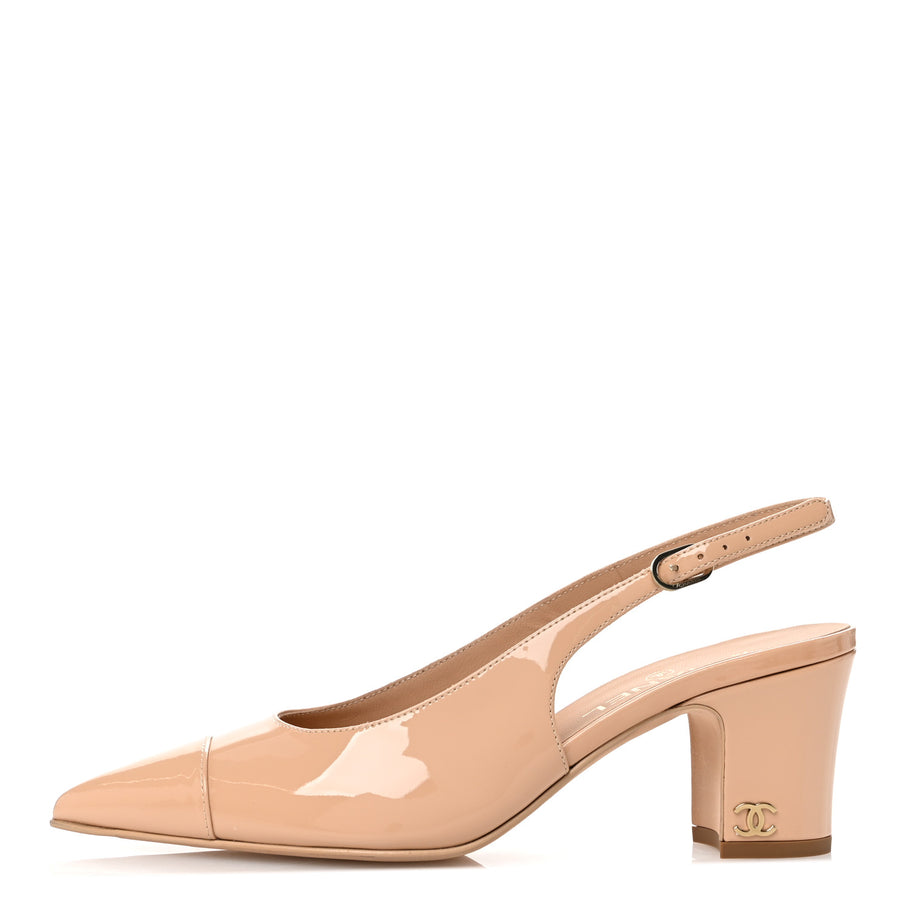 Chanel Patent Calfskin Cap Toe CC Slingback Pumps 38 Beige Image 1