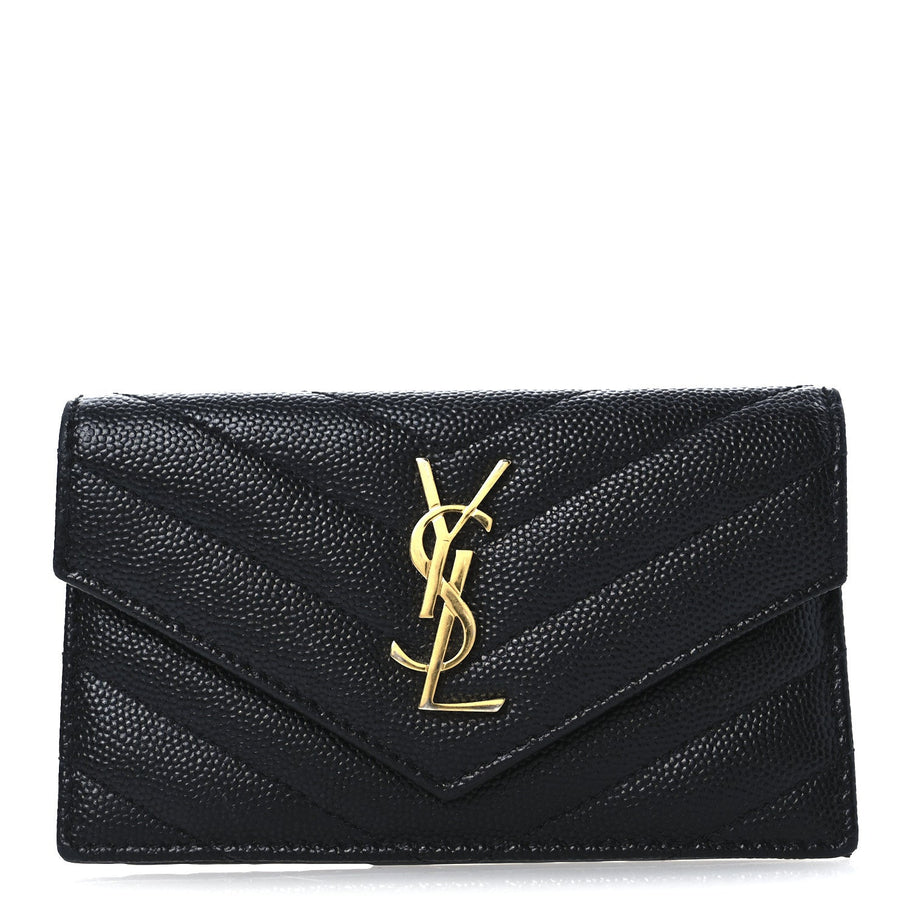Saint Laurent Grain De Poudre Matelasse Chevron Monogram Compact Wallet Black Image 1