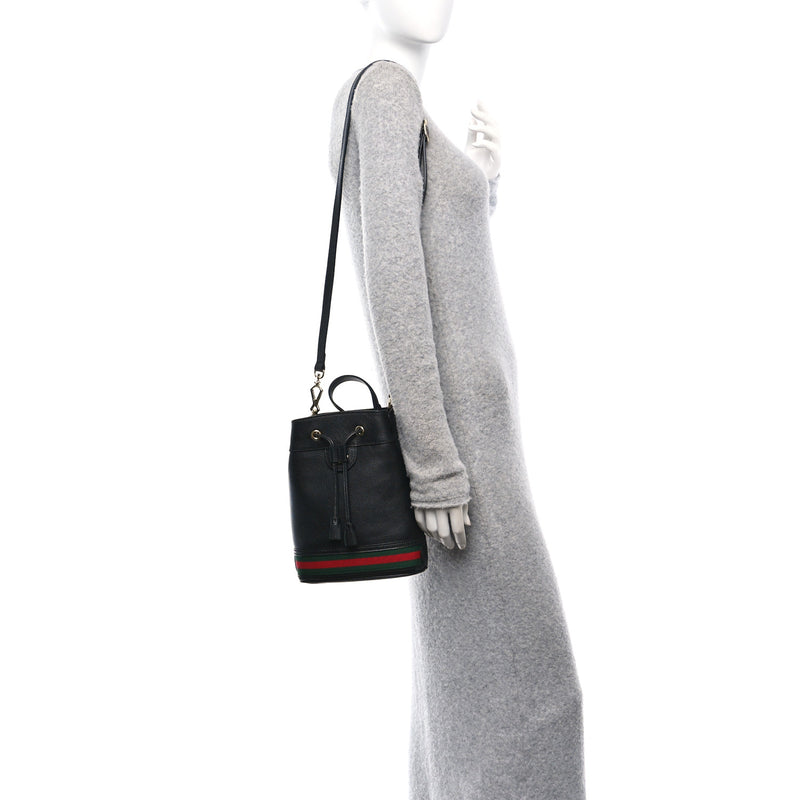  Gucci Glazed Textured Calfskin Web Small Ophidia Bucket Bag Black