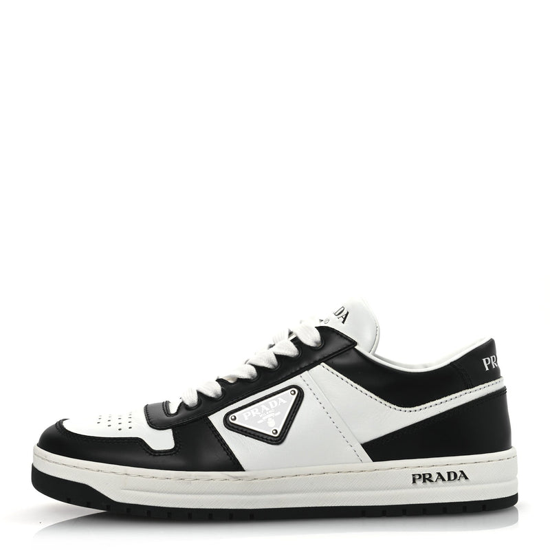  Prada Vitello Sport Spazzolato Rois Metal Triangle Logo Downtown Low Top Sneakers 37.5 White Black