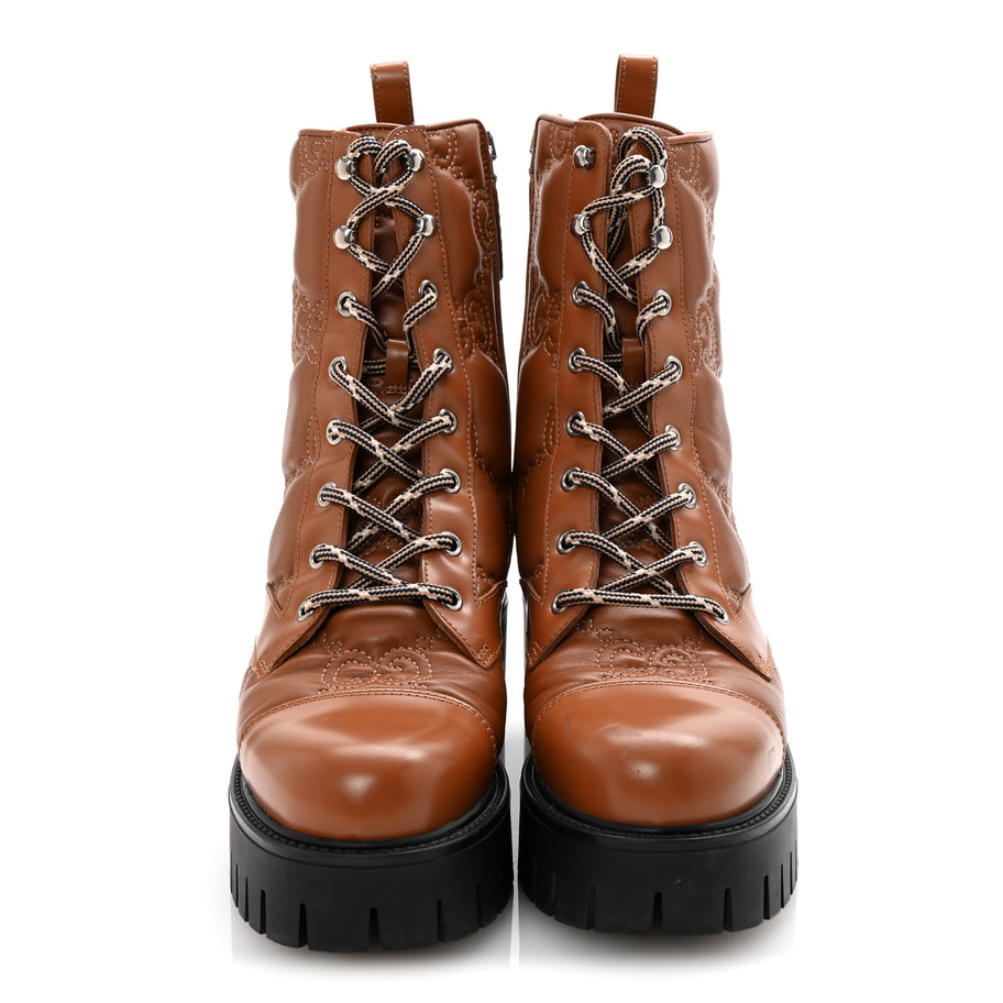 Gucci Cordovan Lux Nappa GG Matelasse Lace Up 60mm Combat Boots 37.5 Dark Hazel Brown Image 3