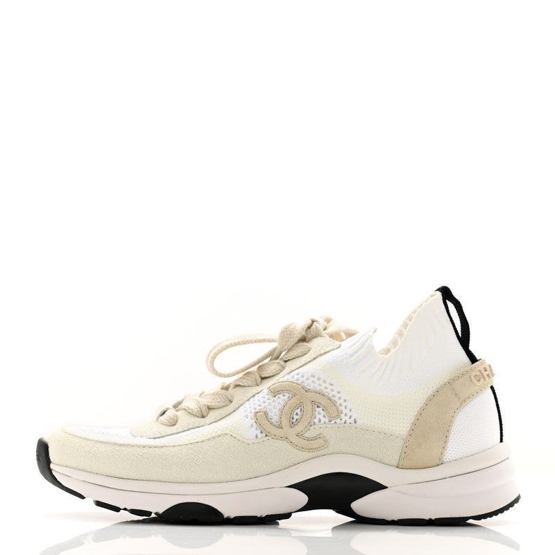  Chanel Mesh Suede Fabric Womens CC Sneakers 36 White Ivory Light Beige