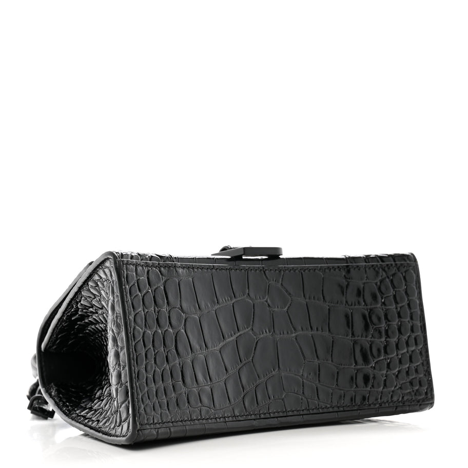 Balenciaga Shiny Calfskin Monochrome Crocodile Embossed Small Hourglass Top Handle Bag Black Image 3