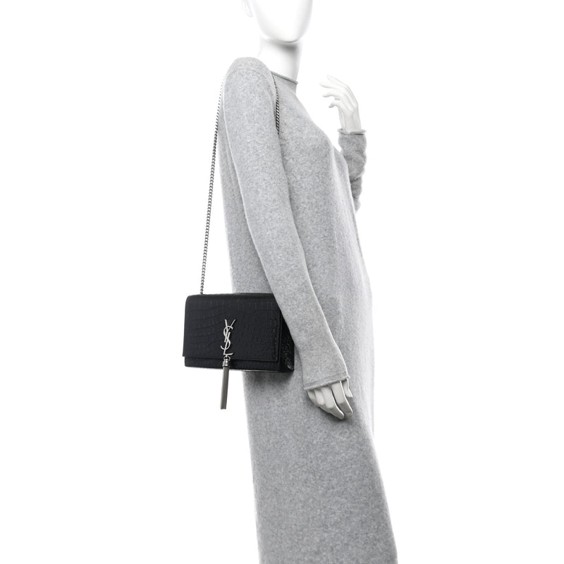  Saint Laurent Calfskin Crocodile Embossed Medium Classic Monogram Kate Tassel Satchel Black