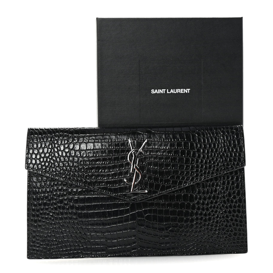 Saint Laurent Calfskin Crocodile Embossed Uptown Monogram Clutch Black Image 7