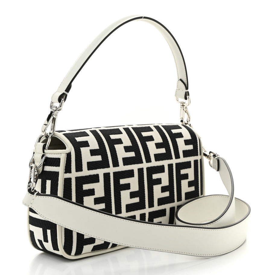 Fendi Canvas Vitello King FF Embroidered Baguette White Black Image 3
