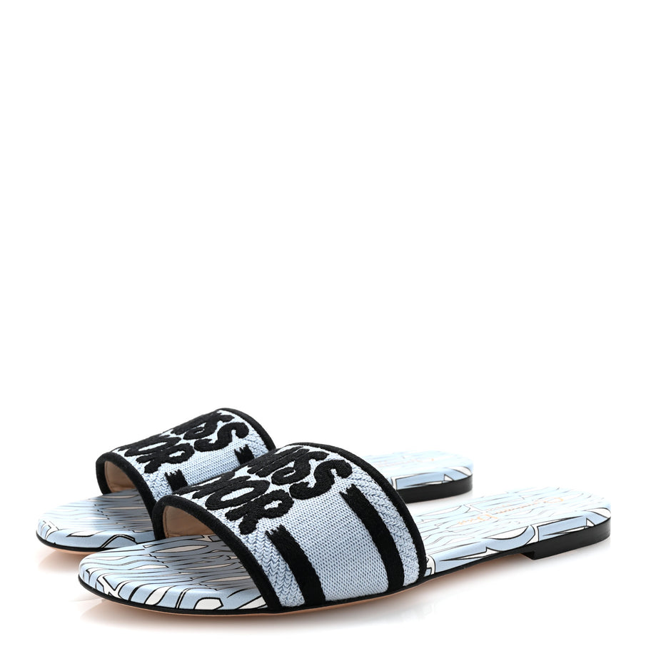 Christian Dior Canvas Miss Dior Embroidered Dway Flat Slide Sandals 37.5 Azure Pale Image 4