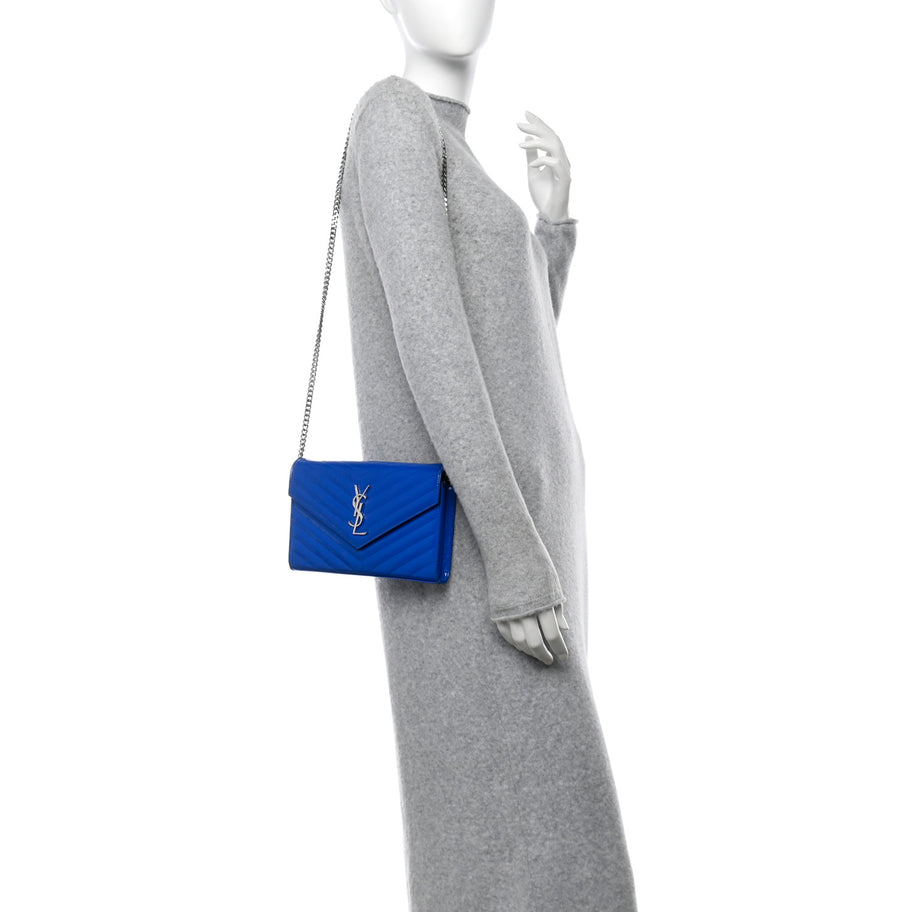 Saint Laurent Patent Grain De Poudre Matelasse Chevron Monogram Chain Wallet Blue Majorelle Image 2