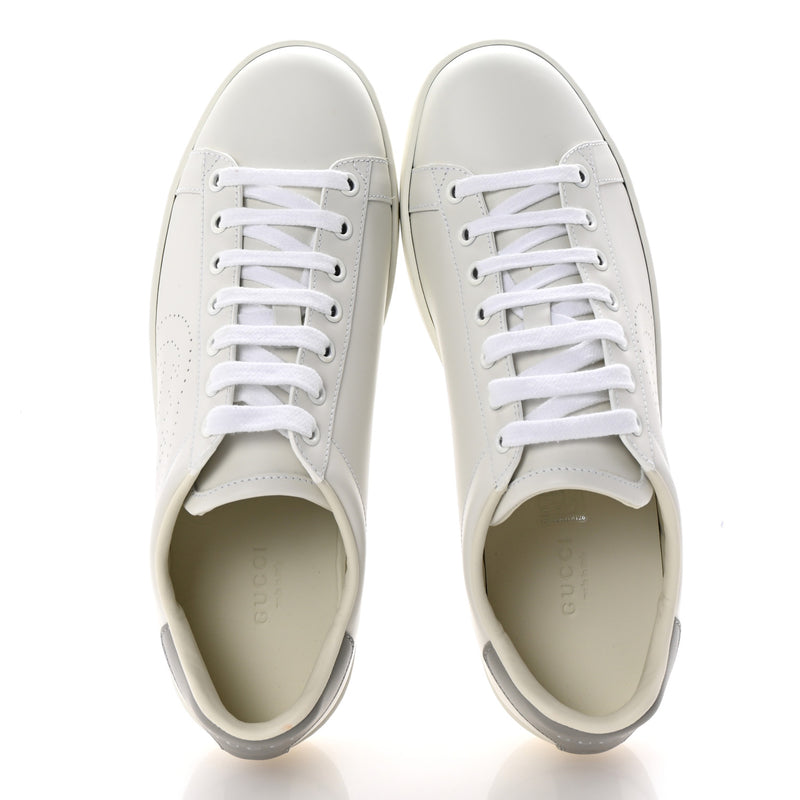  Gucci Calfskin InterLocking G Perforated Womens Ace Sneakers 38.5 White Grey Sky