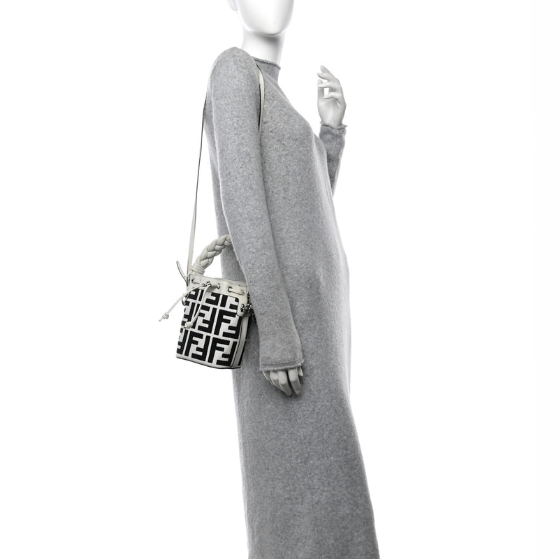  Fendi Canvas Nappa F is FF Embroidered Mini Mon Tresor Bucket Bag White Black