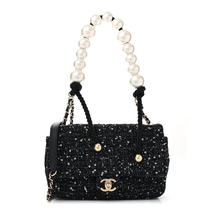  Chanel Tweed Medium Pearl Handle Flap Black Ecru