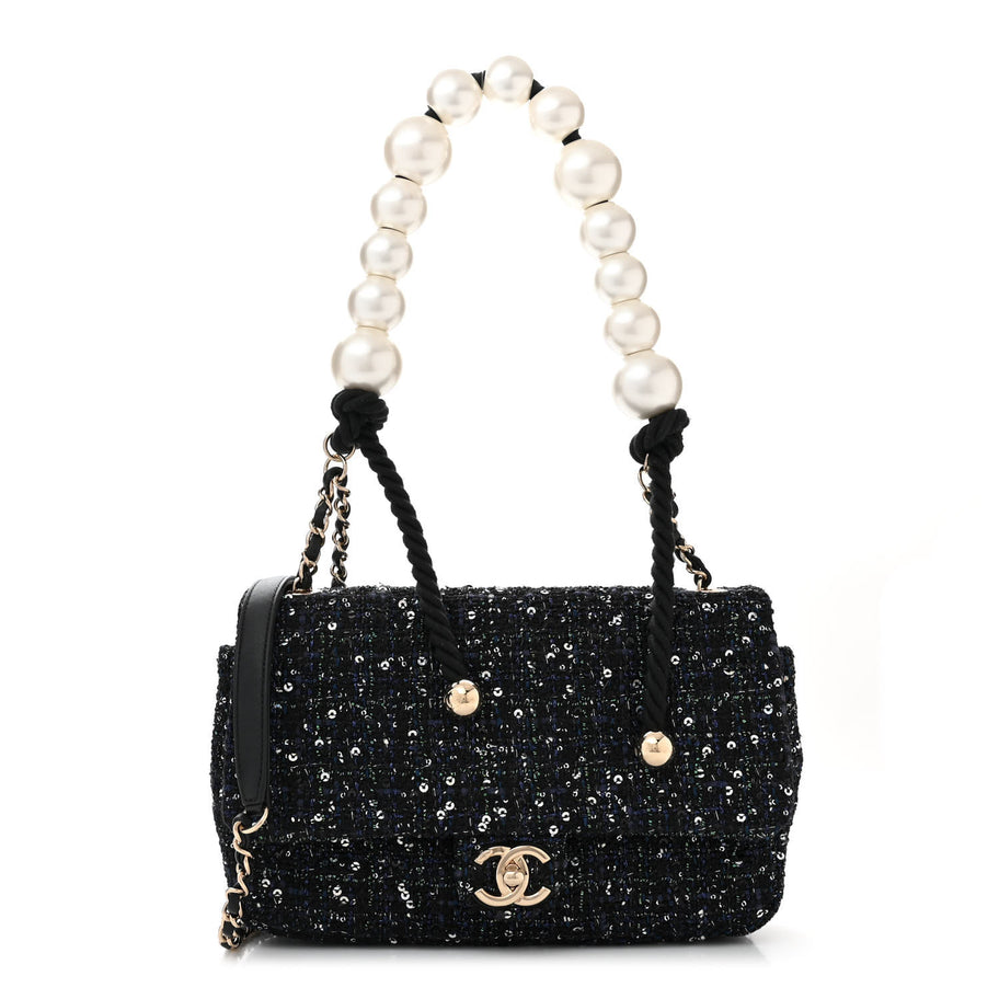 Chanel Tweed Medium Pearl Handle Flap Black Ecru Image 1