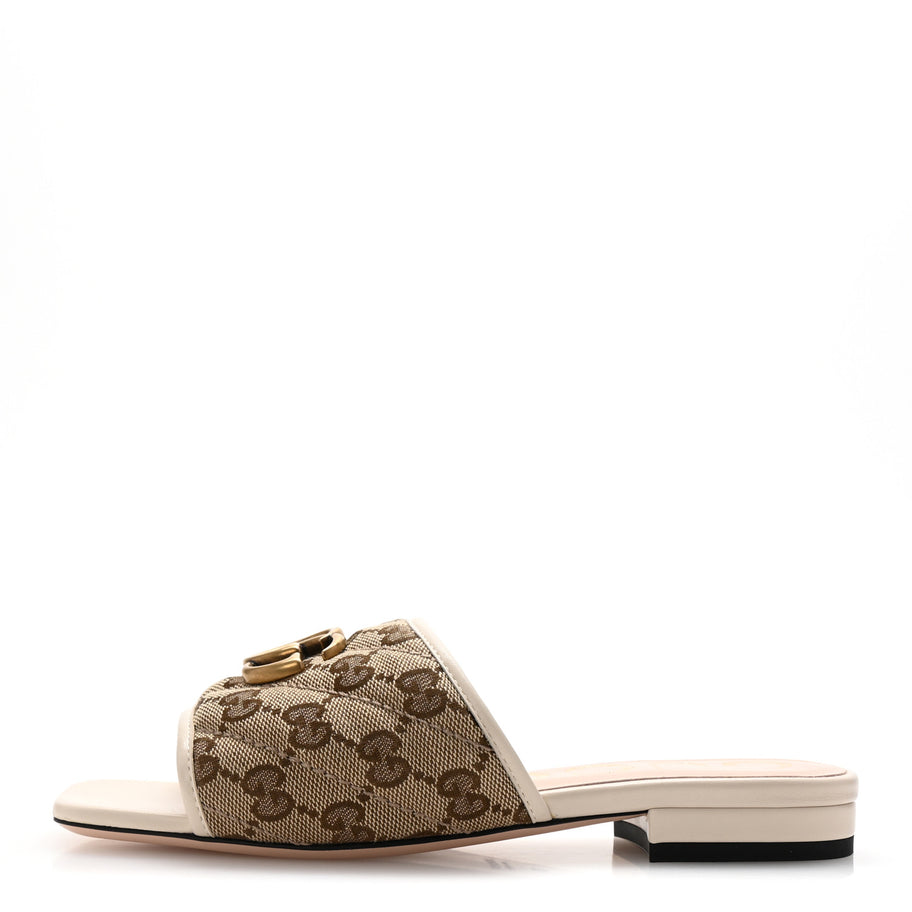 Gucci Monogram Matelasse Diagonal GG Marmont Flat Slide Sandals 35 Beige Ebony Mystic White Image 1
