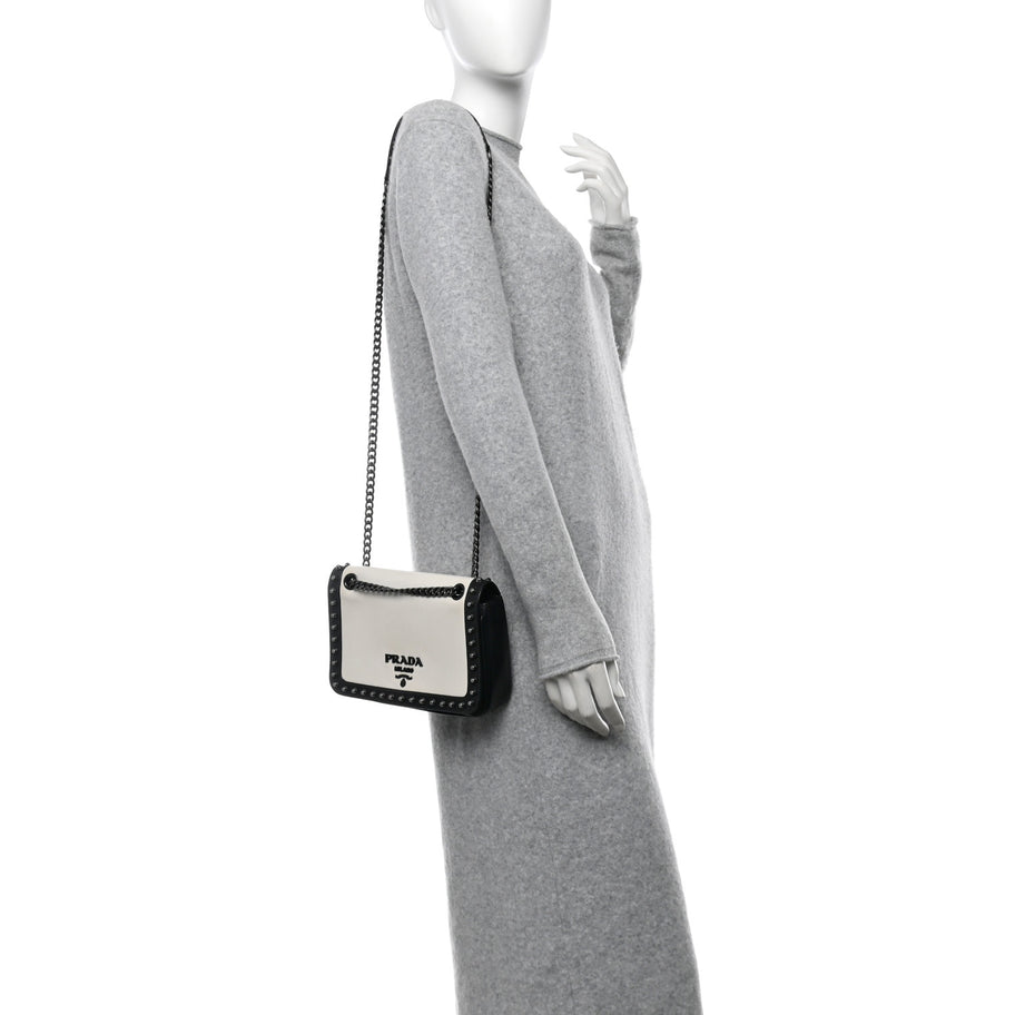 Prada Glace Calfskin Studded Crossbody White Black Image 2