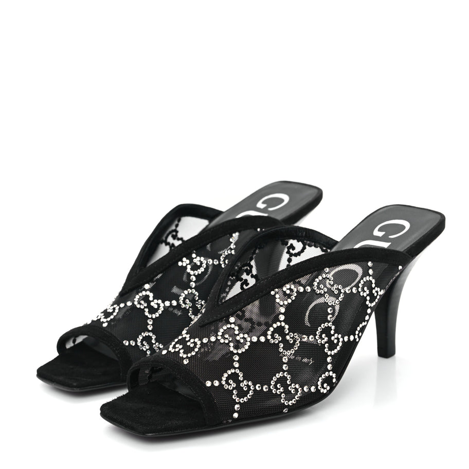 Gucci Tela Retino Kid Scamosciato Crystal GG Monogram Square G 95mm Slide Sandals 35 Black Image 4