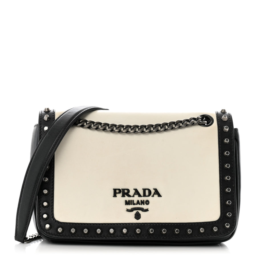 Prada Glace Calfskin Studded Crossbody White Black Image 1
