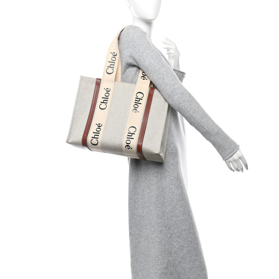 Chloe Cotton Calfskin Medium Woody Ribbon Tote White Brown Image 2