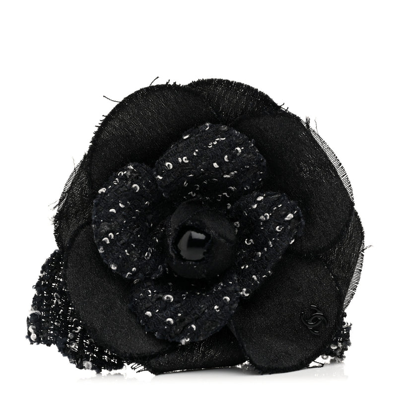  Chanel Tweed Fabric Camellia Pin Brooch Black