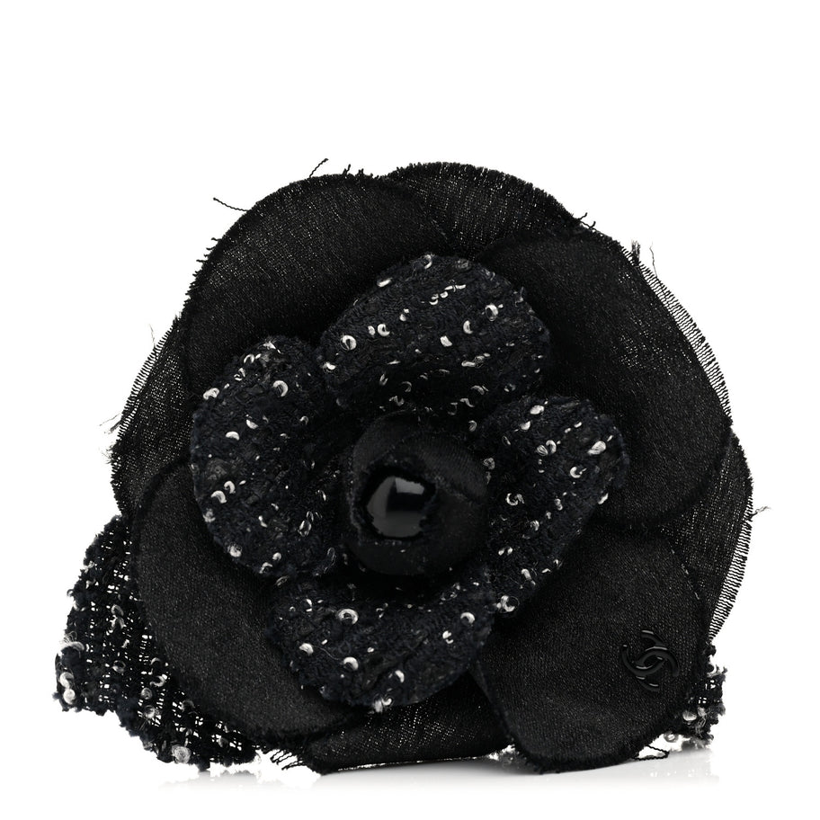 Chanel Tweed Fabric Camellia Pin Brooch Black Image 1