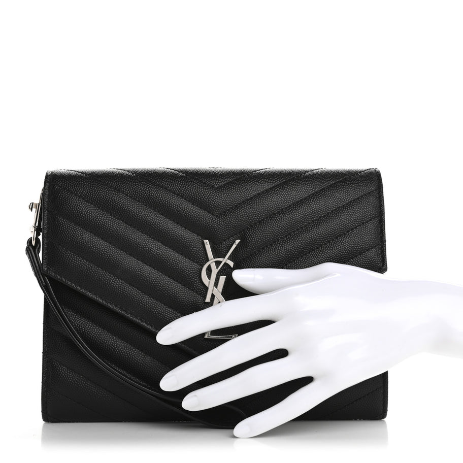 Saint Laurent Grain De Poudre Matelasse Chevron Monogram Envelope Clutch Black Image 2