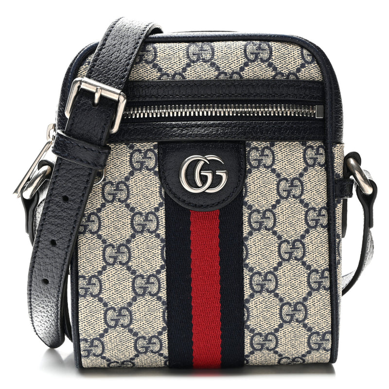  Gucci GG Supreme Monogram Textured Calfskin Web Mini Ophidia Messenger Beige Blue