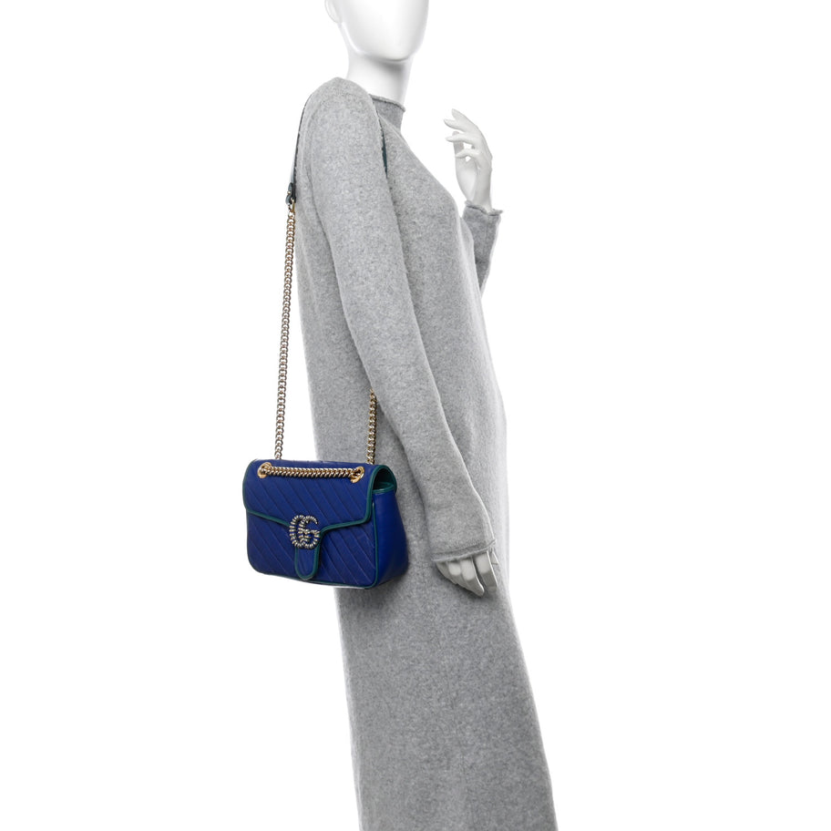 Gucci Azalea Calfskin Enamel Matelasse Diagonal Small Torchon GG Marmont Shoulder Bag Imperial Blue Pavone Image 2