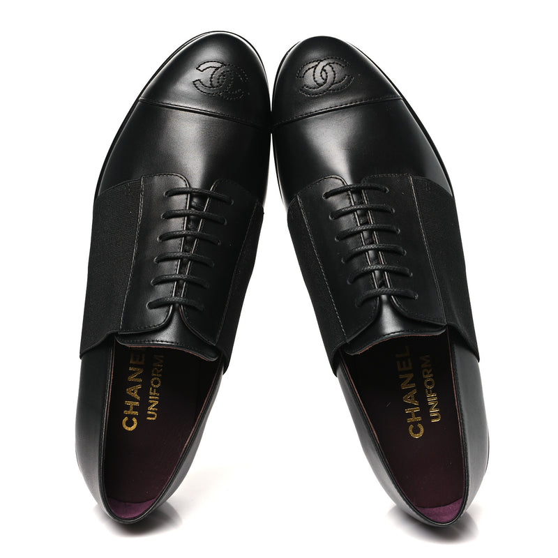  Chanel Calfskin Elastic Lace Up Cap Toe CC Loafers 37 Black