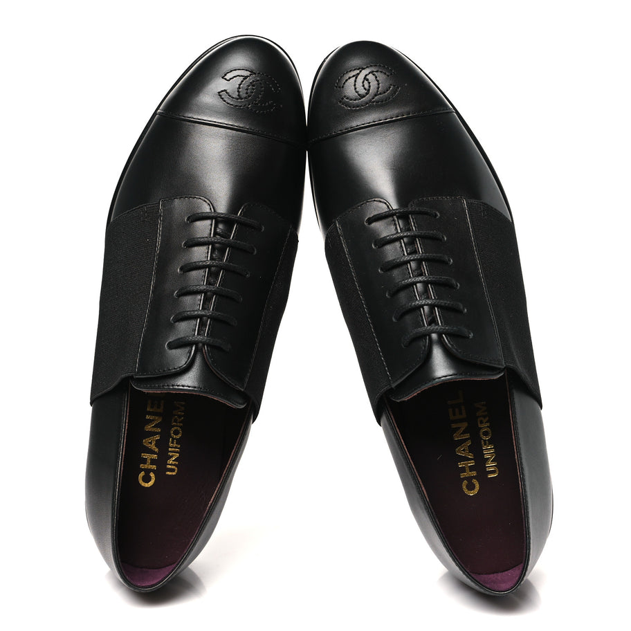 Chanel Calfskin Elastic Lace Up Cap Toe CC Loafers 37 Black Image 2