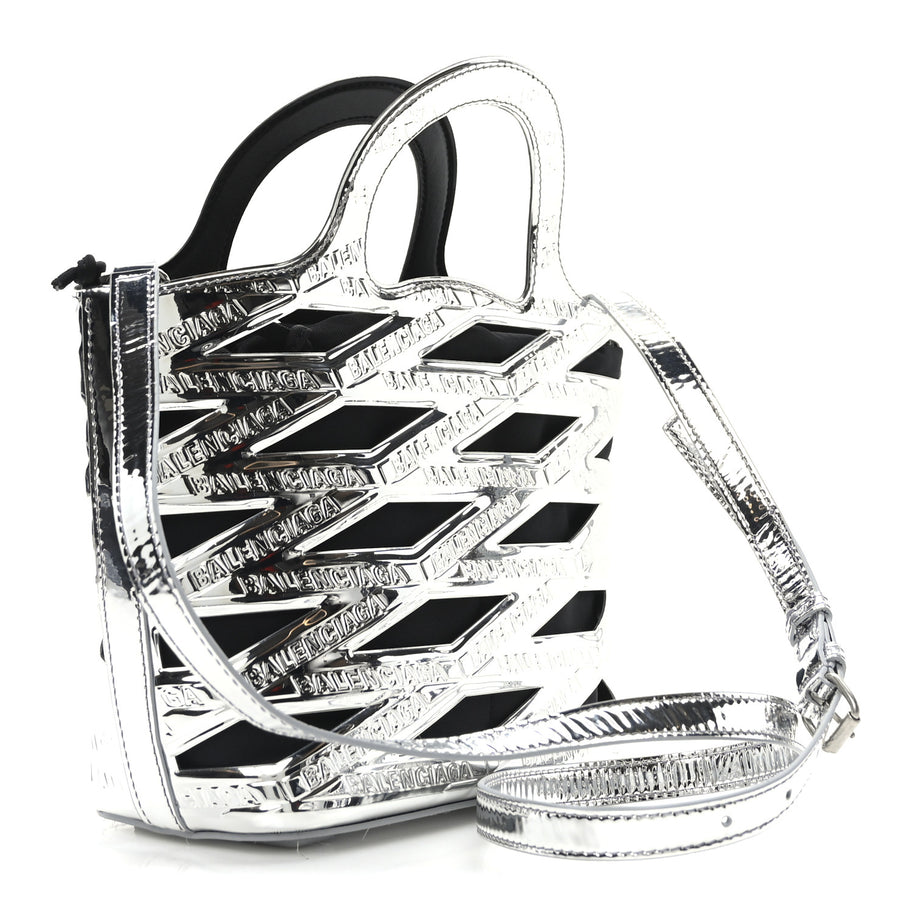 Balenciaga Patent Metallic Calfskin Small Neo Basket Tote Silver Image 3