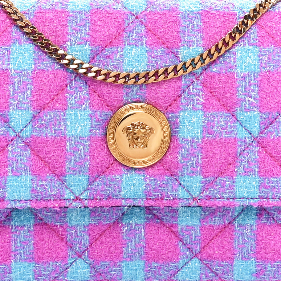 Versace Tweed Quilted Medusa Wallet on Chain Crossbody Pink Blue Image 7