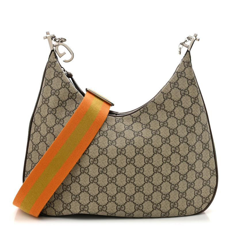  Gucci GG Supreme Monogram Textured Calfskin Web Large Attache Shoulder Bag Beige Ebony New Acero