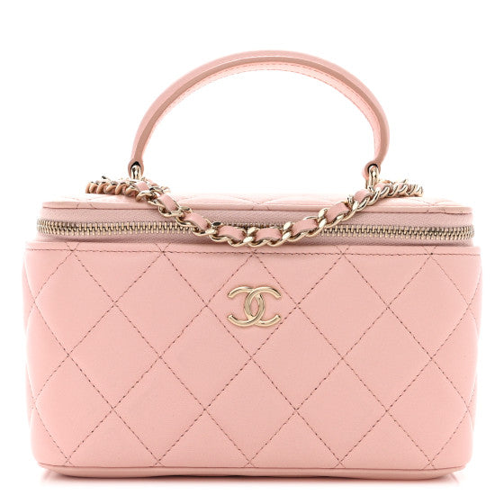  Chanel Lambskin Quilted Small Top Handle Vanity Case With Chain Pink