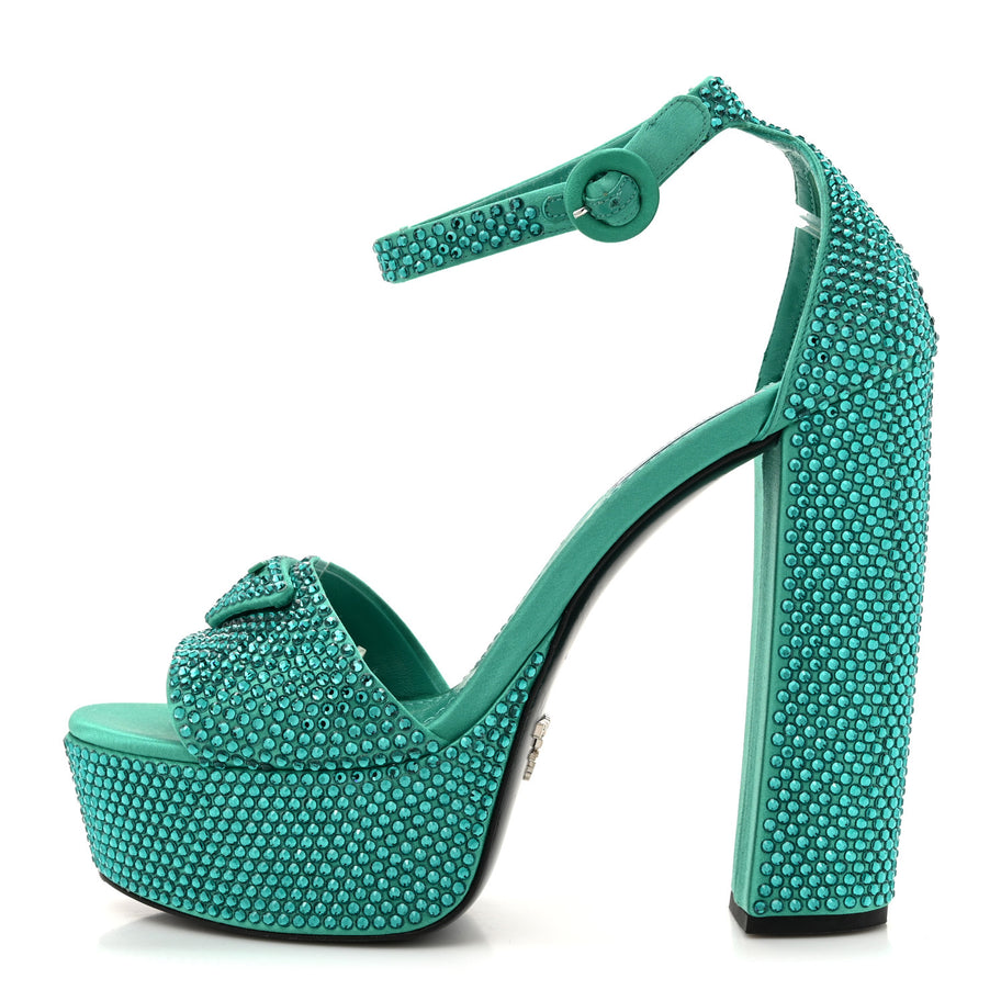 Prada Satin Crystal Triangle Logo 40/135mm Platform Sandals 38 Mango Image 1
