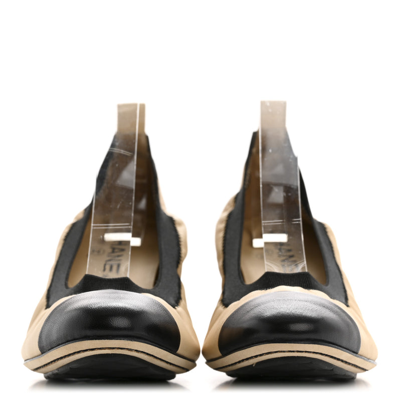  Chanel Lambskin CC Elastic Stretch Pumps 38 Beige Black
