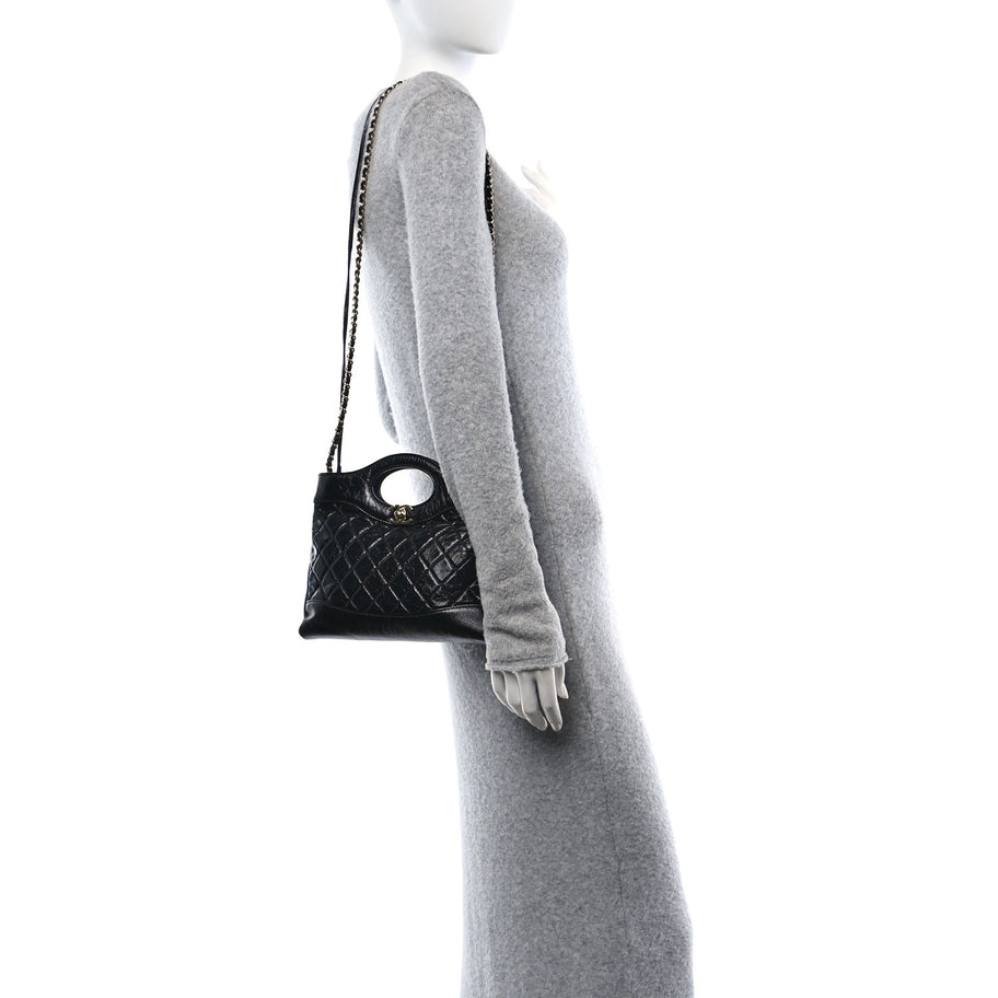 Chanel Shiny Crumpled Calfskin Quilted Mini 31 Shopping Bag Black Image 2