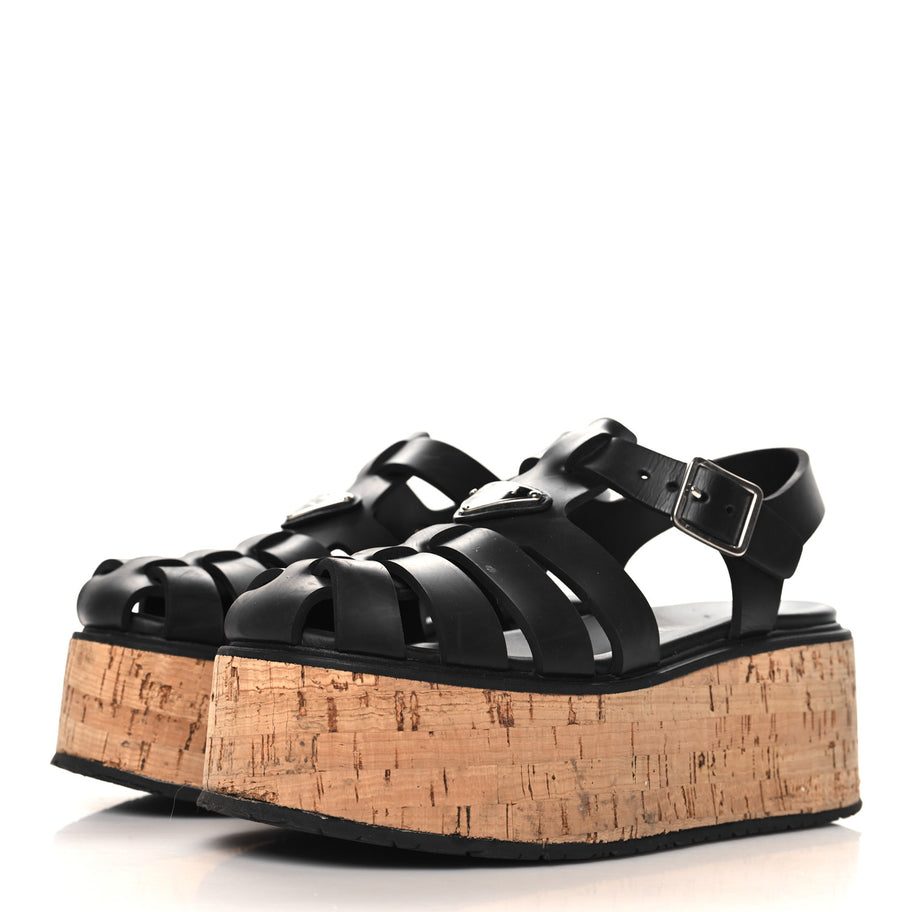 Prada Rubber Soft Cork Triangle Fisherman 75mm Platform Sandals 37 Black Image 4