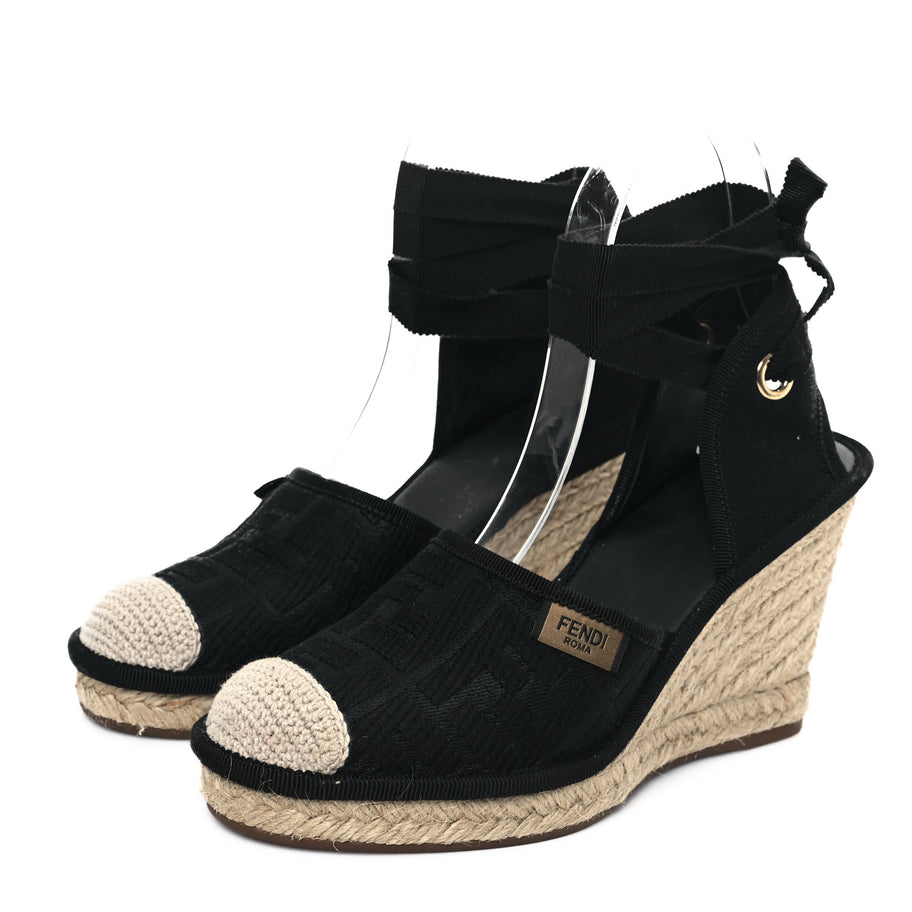 Fendi Canvas FF Embroidered Roma Ankle Wrap Wedge Espadrilles 36 Black Image 3