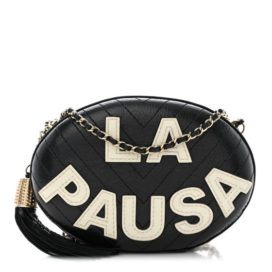  Chanel Lambskin Embroidered Chevron Quilted La Pausa Tassel Clutch Black