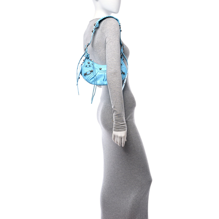 Balenciaga Extra Supple Calfskin Crocodile Embossed Le Cagole Shoulder Bag XS Sky Blue Image 2