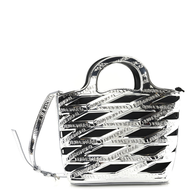  Balenciaga Patent Metallic Calfskin Small Neo Basket Tote Silver